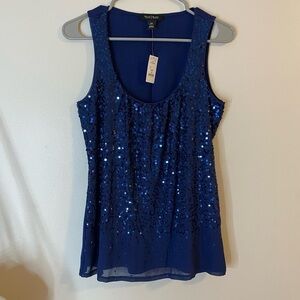 White House Black Market Blue Sequins Festive evening party Top XS NWT